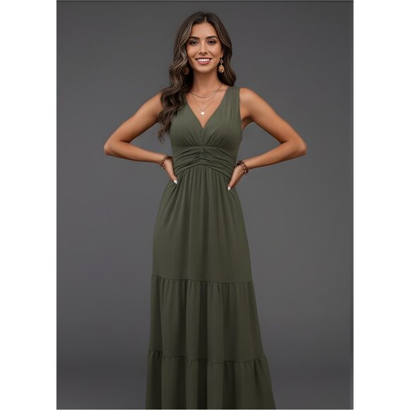 By Design Dresses & Skirts - Boho V-Neck Pleated Waist Dress Army Green